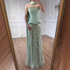 Vestido de Noite de Sereia com Contas Verde Sálvia de Luxo LA73050C