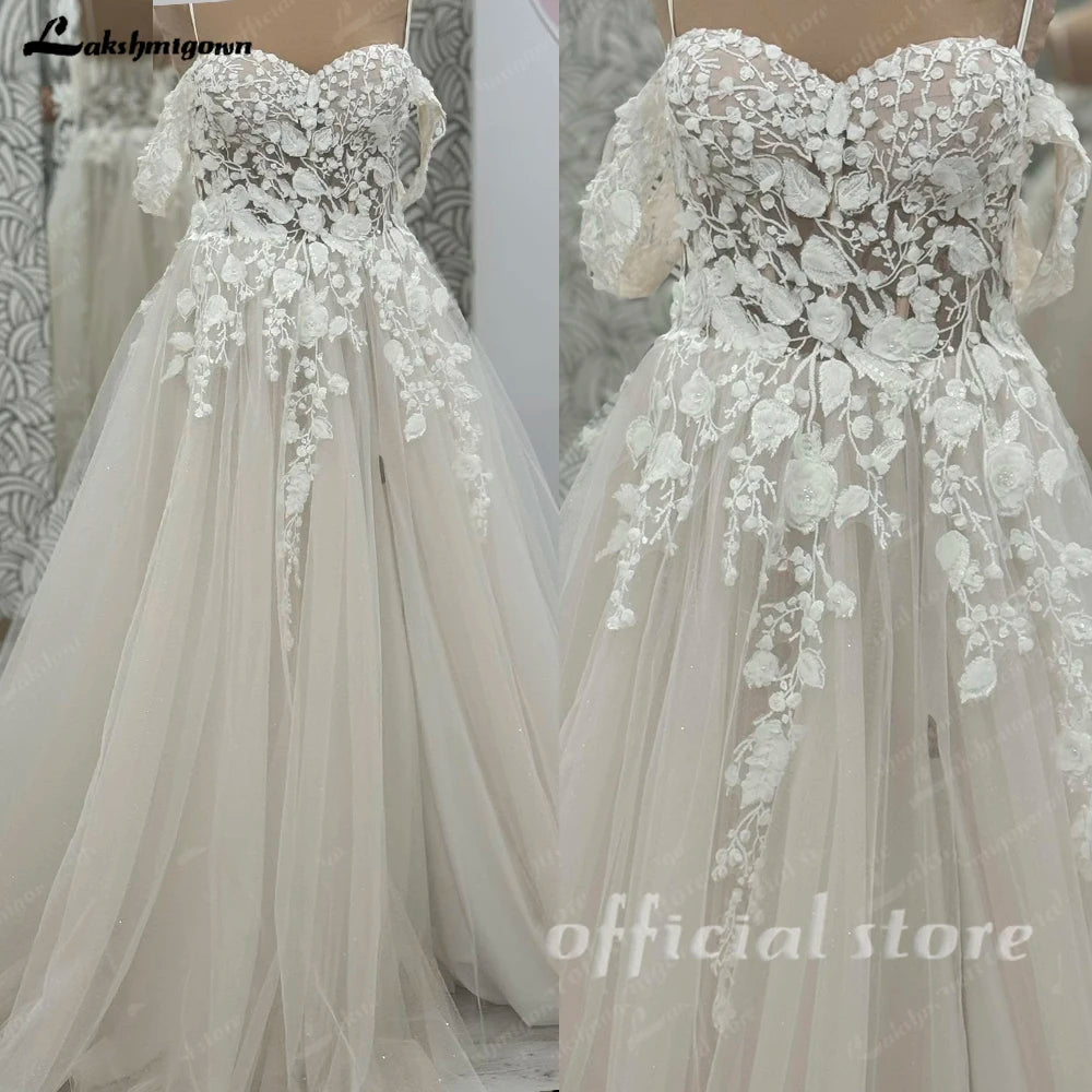 Lakshmigown Off the Shoulder Champagne Wedding Dresses For Woman Bride Lace Appliques Vestidos De Casamento Customized
