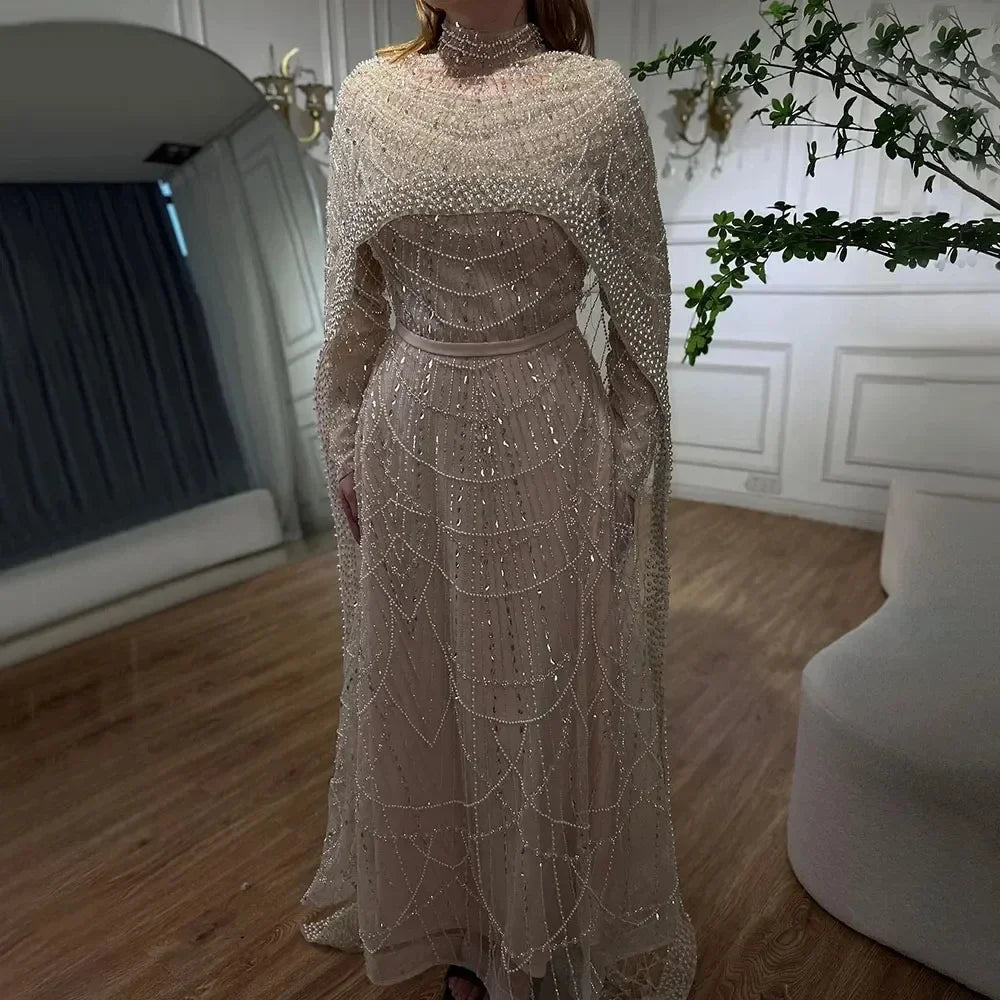 Serene Hill Customized Green Long Sleeve A-Line Evening Dresses with Cape Muslim Wedding Party Gowns For Women LA72032B