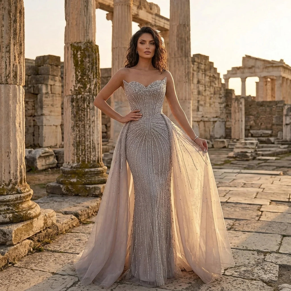 Serene Hill Caramel Beaded Tulle Evening Dress Strapless Sweetheart Formal Party Gown with Over-skirt DLA72811D Customized
