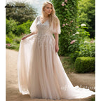 Lakshmigown Plus Size Wedding Dress New Women Applique Lace V-Neck Champagne A-Line Bride Gowns Robe De Mariée Customized