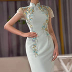 Serene Hill Customized 2025 Saudi Mint Mermaid Beaded Satin Evening Dress Gown with   for Formal Occasion DLA72797