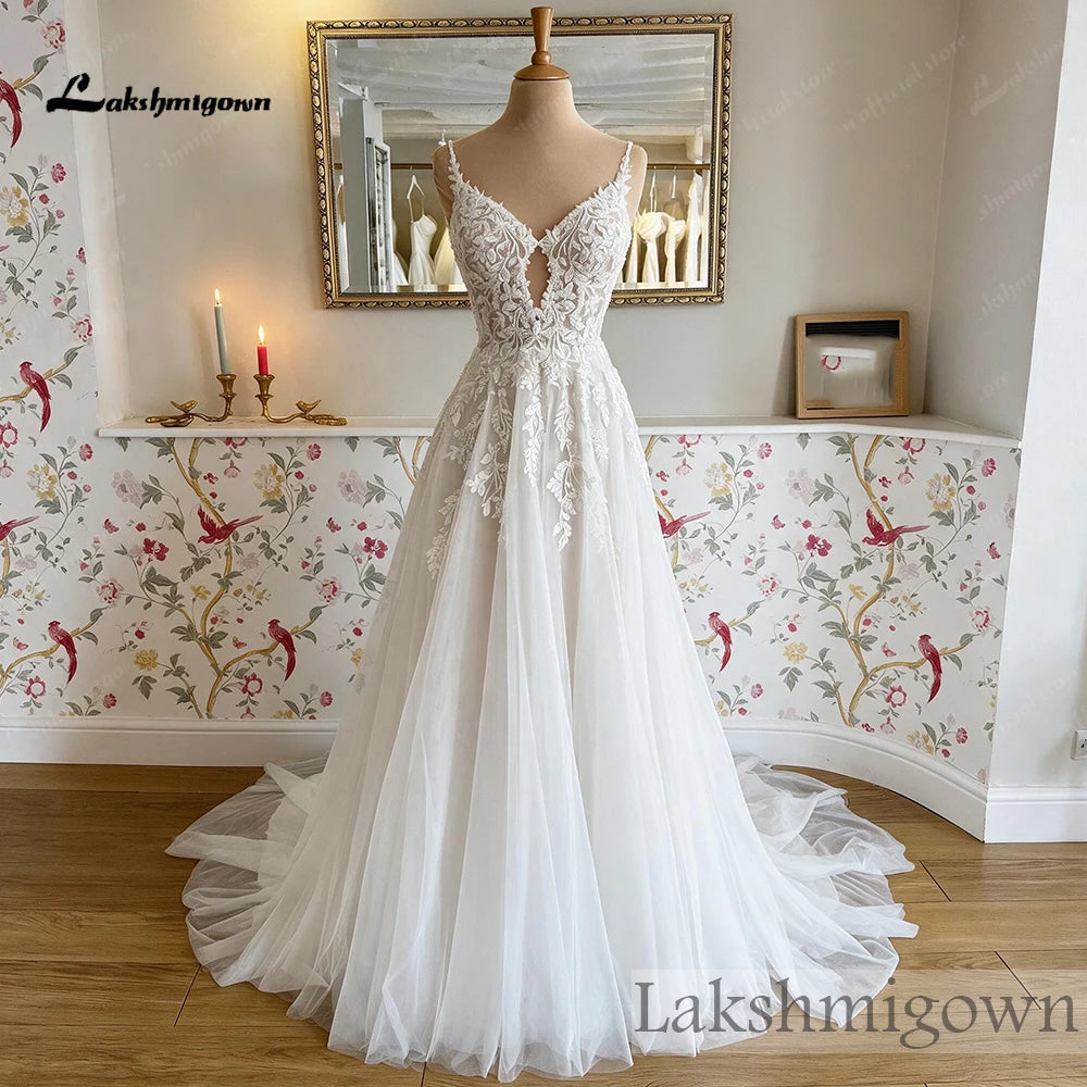 Lakshmigown Spaghetti Straps A‑Line Wedding Dress Deep V‑Neck Leaf Lace Appliques Beaded Tulle Bridal Gown Cut‑Out  Customized