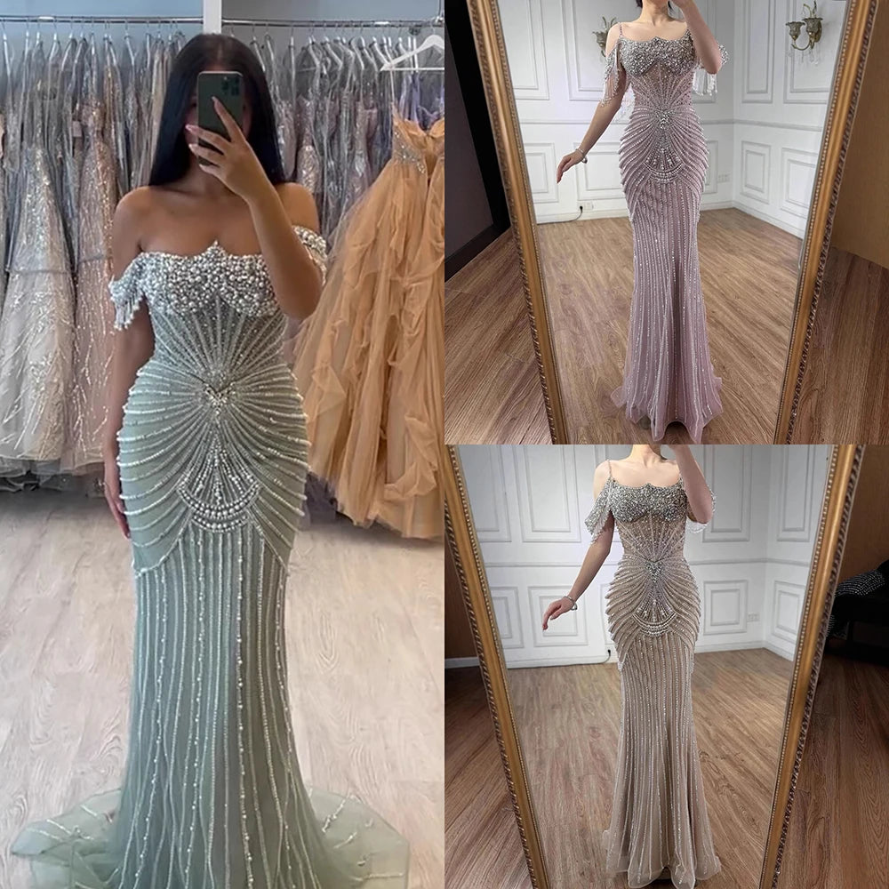 Serene Hill 2025 Customized Pink Off Shoulder Mermaid Evening Dress Luxury Beaded Party Gowns for Women DLA73148