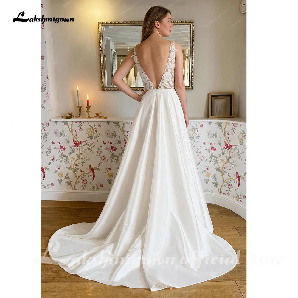 Lakshmigown Sleeveless Lace A‑Line Wedding Dress Deep V‑Back Satin Bridal Gown With Pockets Customized
