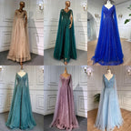 Serene Hill Customized Pink A-Line Cape Sleeves Luxury Beaded Evening Dresses Party Gowns 2025 For Women Wedding DLA71567