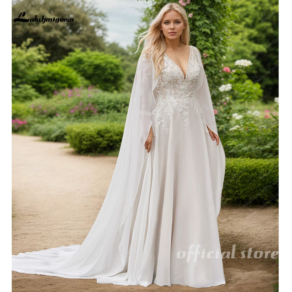 Lakshmigown Plus Size Long Sleeves Wedding Dress with Cape For Woman A Line Lace Appliques Vestidos De Casamento Customized