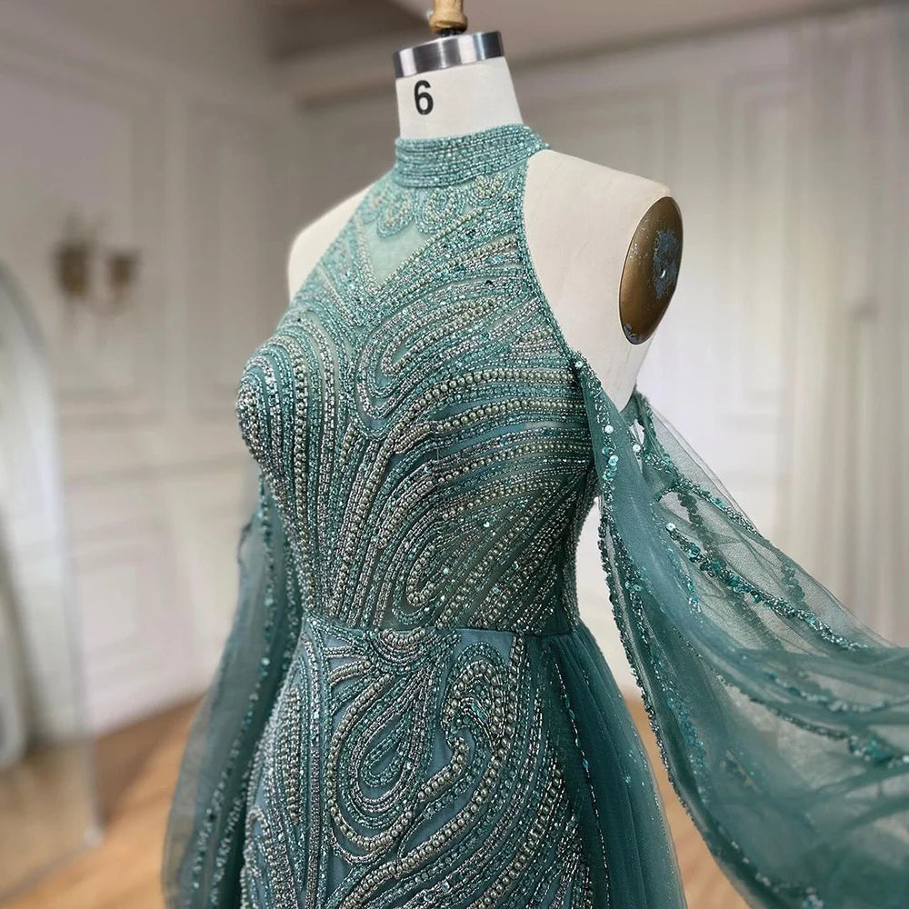 Serene Hill Customized 2026 Turquoise Mermaid Overskirt Beaded Evening Dresses Elegant Party Gowns For Women Wedding DLA72298