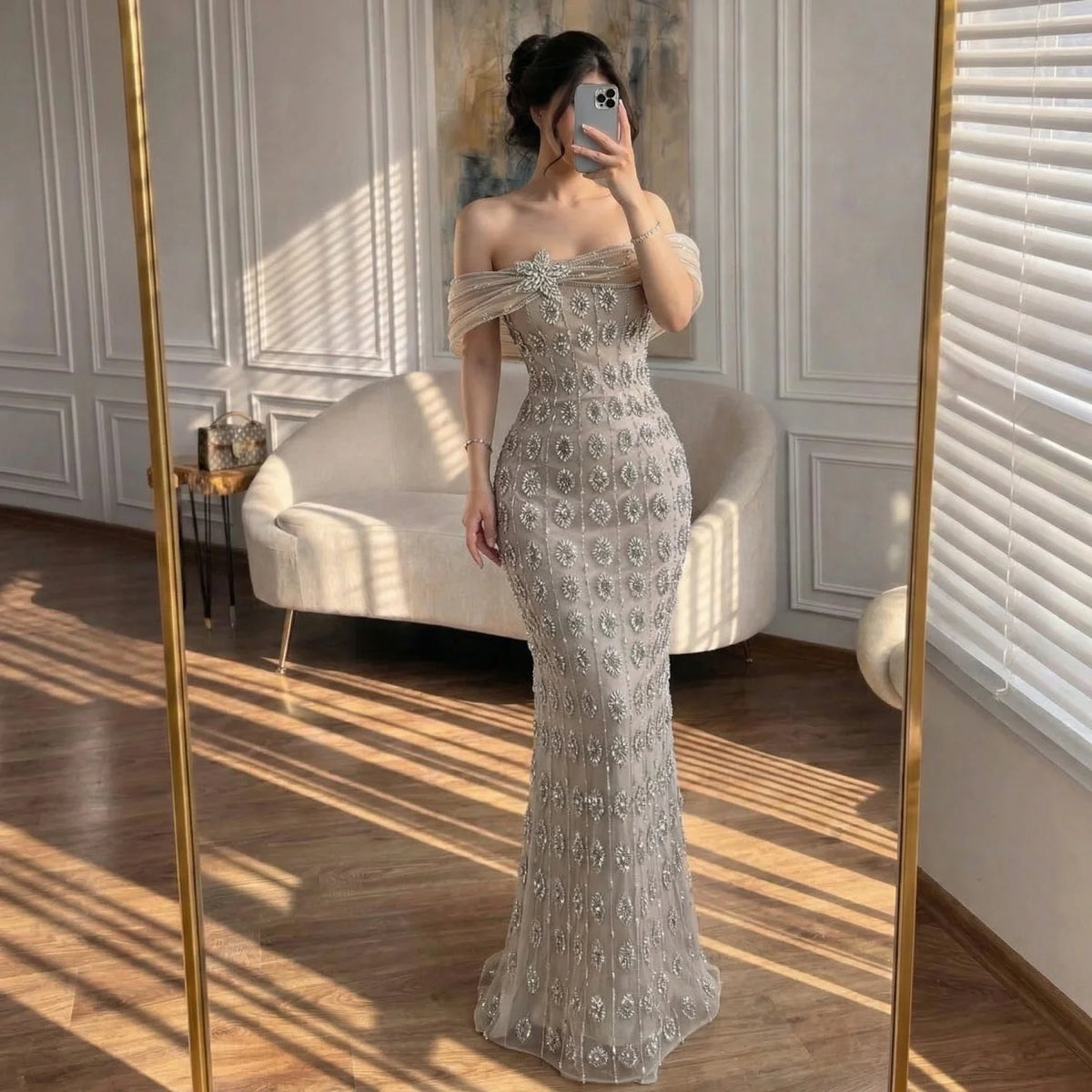 Serene Hill Luxury Beaded Evening Gown 2026 Elegant Off-Shoulder Sparkly Mermaid Party Dress for Women DLA73362 Customized