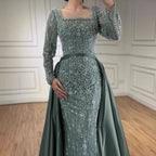 Serene Hill Turquoise Square Collar Mermaid Beaded Evening Dress Overskirt Party Gowns with Long Sleeves Customized DLA72533A