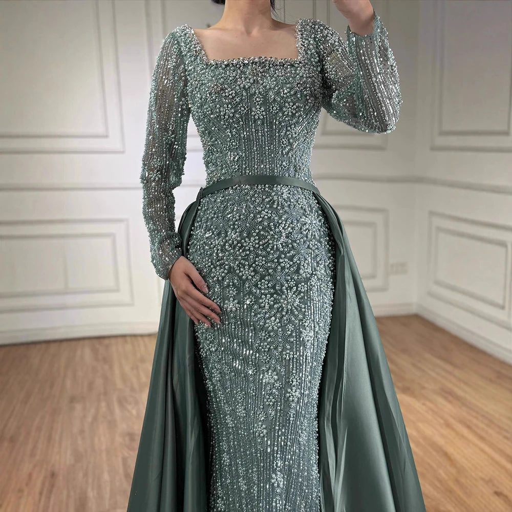 Serene Hill Turquoise Square Collar Mermaid Beaded Evening Dress Overskirt Party Gowns with Long Sleeves Customized DLA72533A