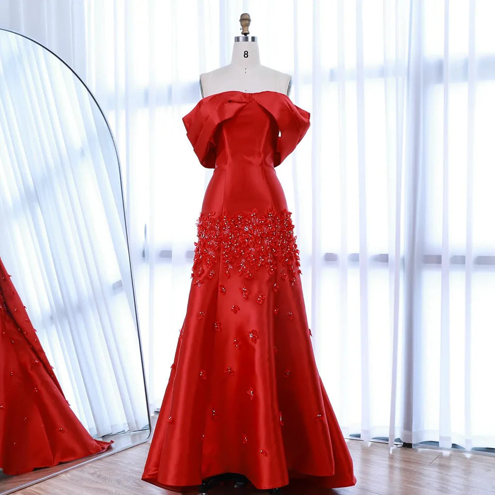 Serene Hill Customized Elegant Red Off-Shoulder Evening Gowns with Floral Satin Arabic Party Prom Dress for Women DLA72483