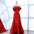 Serene Hill Customized Elegant Red Off-Shoulder Evening Gowns with Floral Satin Arabic Party Prom Dress for Women DLA72483