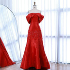 Serene Hill Customized Elegant Red Off-Shoulder Evening Gowns with Floral Satin Arabic Party Prom Dress for Women DLA72483
