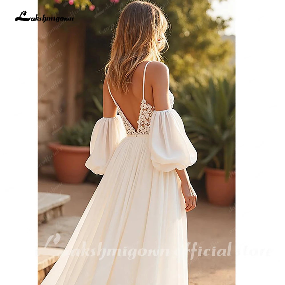 Lakshmigown Chiffon V-Neck Court Train Ivory Beach Wedding Dress with Lace Appliques Spaghetti Straps Long Boho Wedding Gown