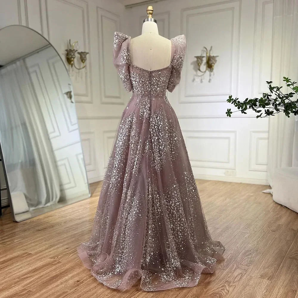 Serene Hill Customized 2024 Pink A Line Beaded Evening Dresses Dubai Arabic Elegant Party Gown for Women Wedding Event DLA72447
