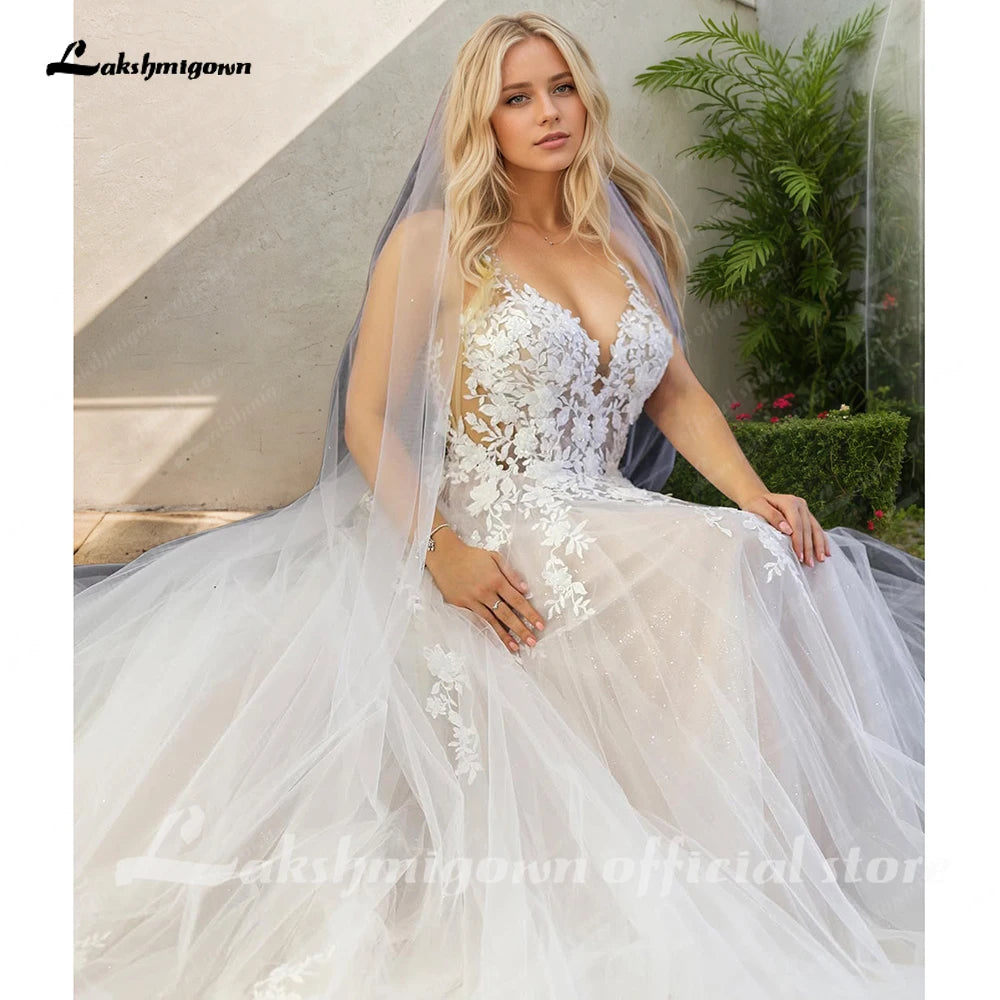 Lakshmigown Unlined Bodice FLowy A Line Tulle Wedding Dress With V Neck Bridal Gown Beach Bridal Gown Customized Robe De Mariee