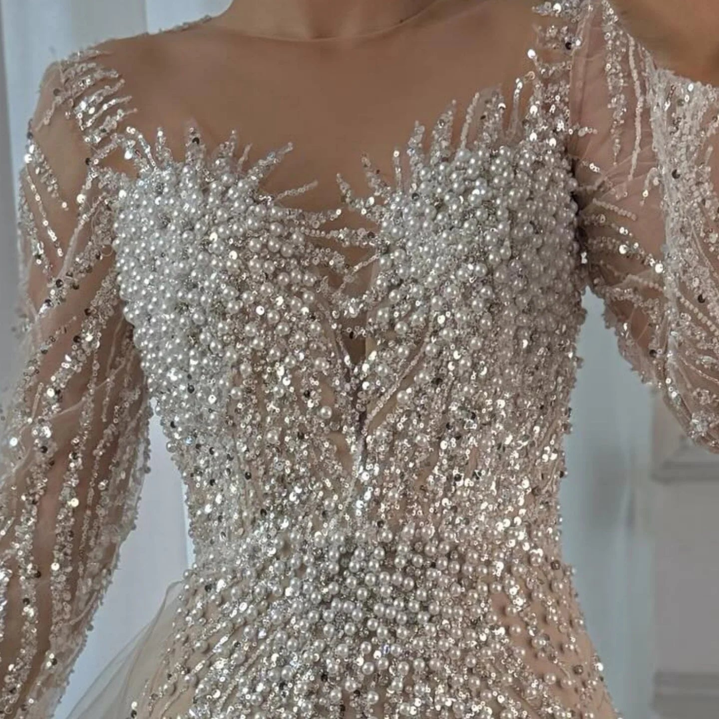 Serene Hill White Nude Long Sleeves Mermaid Pearls Beaded Evening Dress with Train Wedding Party Gowns DLA72634A Customized