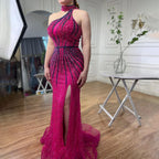 Serene Hill Green Halter Sleeveless Beaded Mermaid High Split Evening Dresses Party Gowns for Women DLA72092 Customized