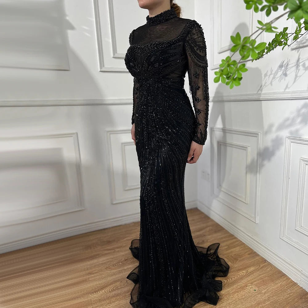 Serene Hill Customized Nude Long Sleeves Beaded Mermaid Dubai Evening Dresses 2025 Muslim Party Gowns for Veiled Women DLA71533