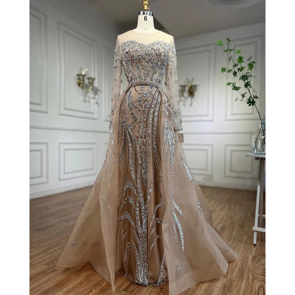 Serene Hill Customized Nude Long Sleeves Mermaid Beaded Muslim Evening Dresses Overskirt Dubai Party Gowns For Women DLA71943