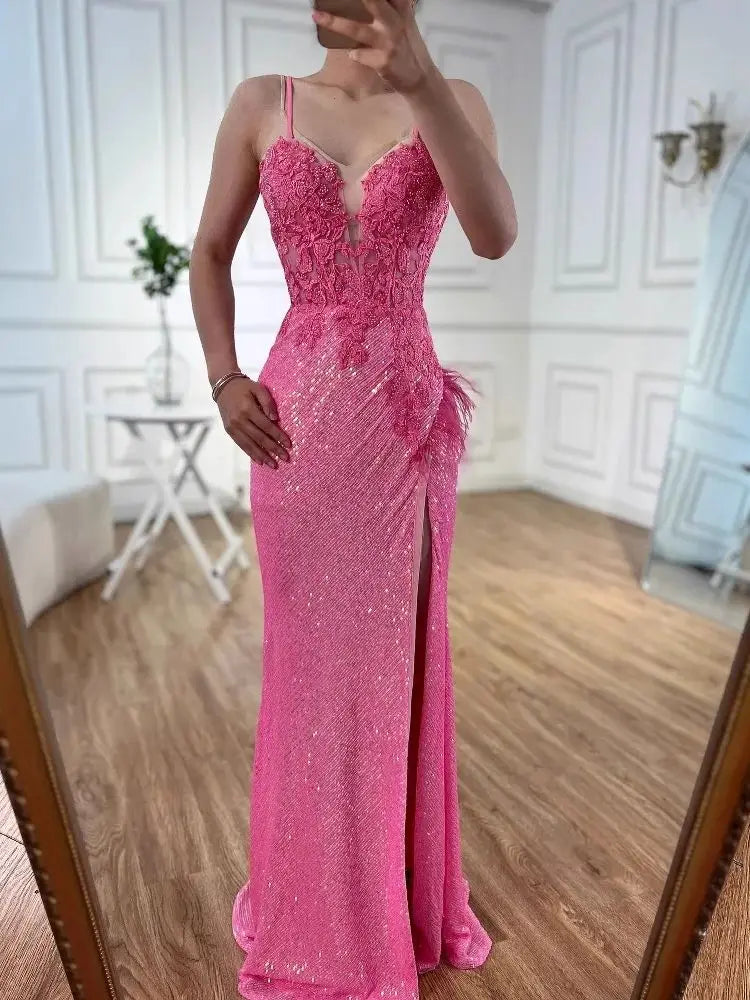 Abito da Ballo Sirena Lusso Rosa Piume Perline con Spacco LA72987