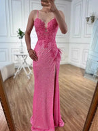 Abito da Ballo Sirena Lusso Rosa Piume Perline con Spacco LA72987