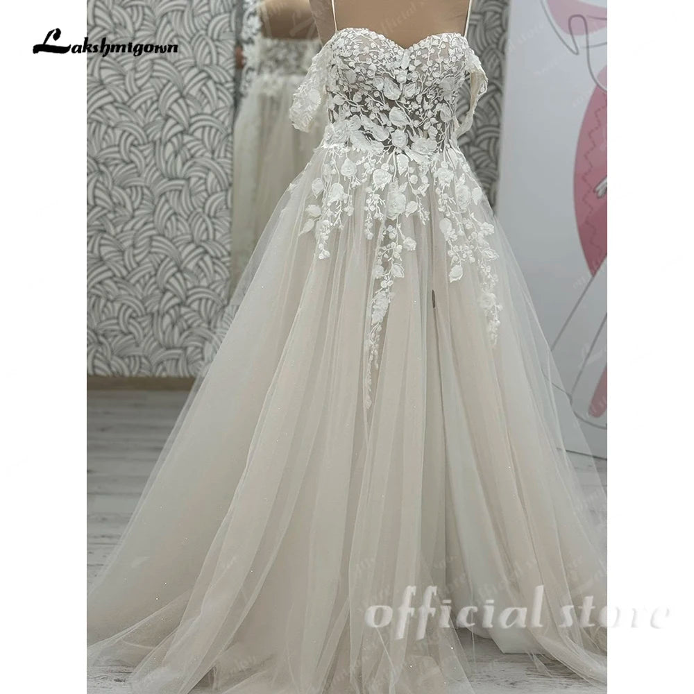 Lakshmigown Off the Shoulder Champagne Wedding Dresses For Woman Bride Lace Appliques Vestidos De Casamento Customized