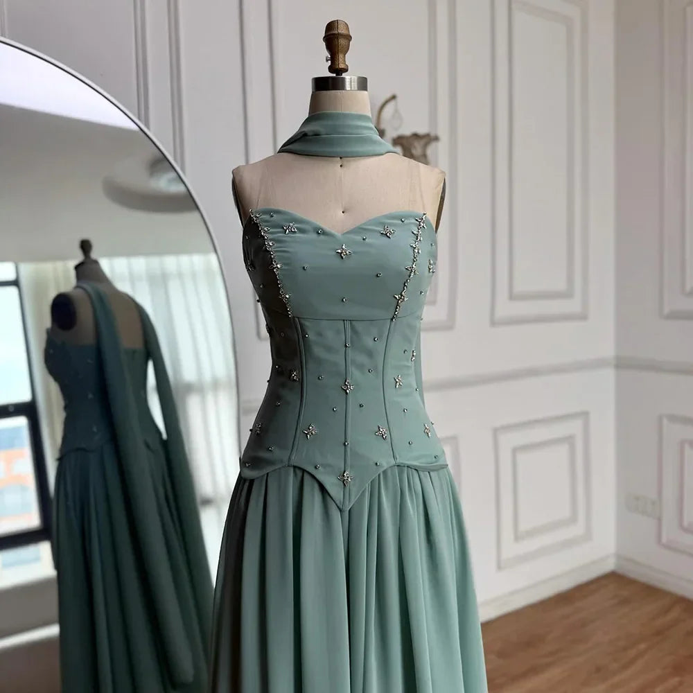 Elegante Verde Salvia   Abito da Sera a Linea A in Chiffon LA73073