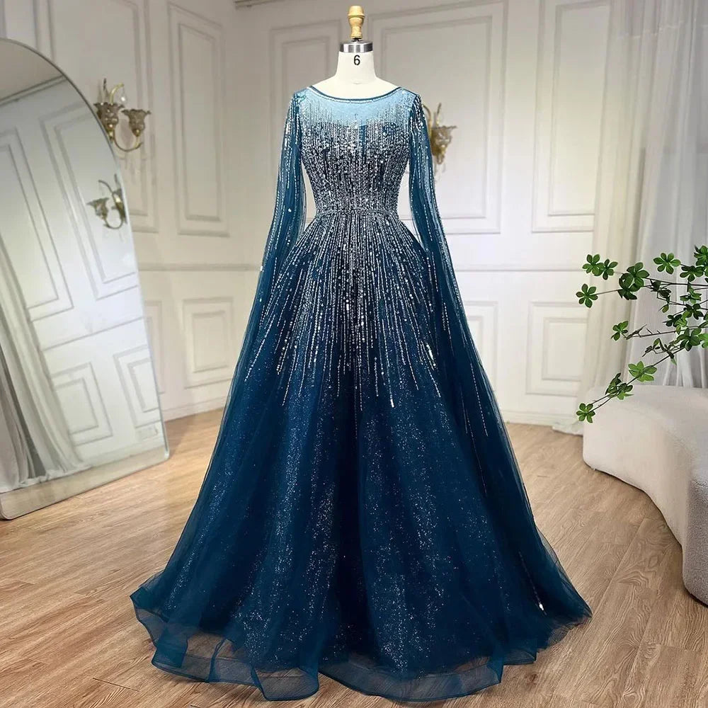 Serene Hill Blue Cape Sleeves A-Line Beaded Evening Dresses Customized Party Gowns for Women DLA72248A