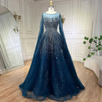 Serene Hill Blue Cape Sleeves A-Line Beaded Evening Dresses Customized Party Gowns for Women DLA72248A