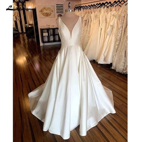 NumberSea Vestidos de Noiva Simples Brancos Linha A Sem Costas 2025 Verão Praia Robe Cetim Sexy Vestidos de Noiva Brautkleid 