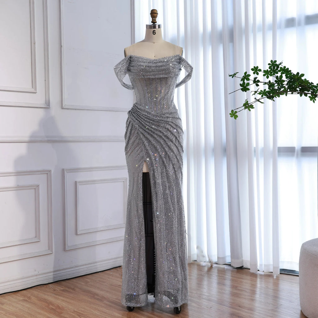 Serene Hill 2026 Silver Off Shoulder Mermaid Sparkle Evening Dress Elegant Wedding Party Gowns for Women Customized DLA73410