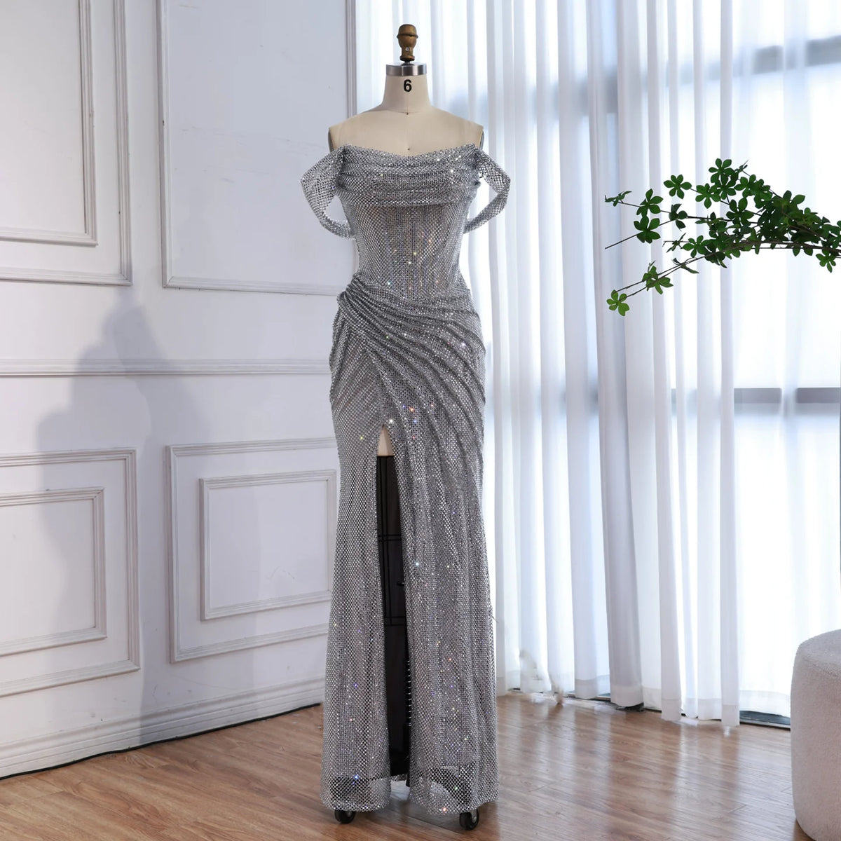 Serene Hill 2026 Silver Off Shoulder Mermaid Sparkle Evening Dress Elegant Wedding Party Gowns for Women Customized DLA73410