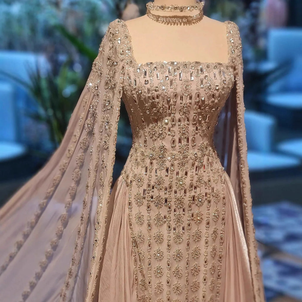 Serene Hill Luxury Beaded Evening Gown Elegant Cape Sleeve Square Neck Muslim Wedding Party Dress 2026 DLA73272 Customized