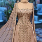 Serene Hill Luxury Beaded Evening Gown Elegant Cape Sleeve Square Neck Muslim Wedding Party Dress 2026 DLA73272 Customized