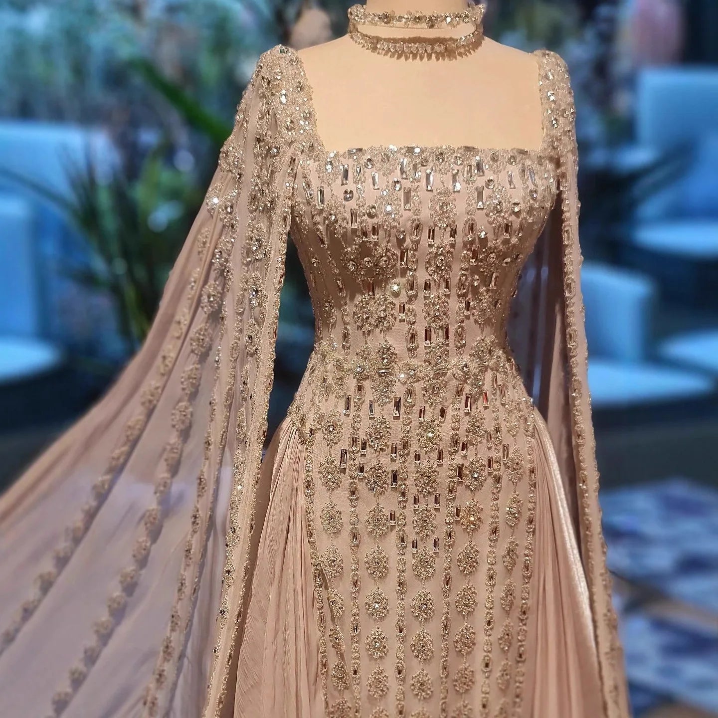 Serene Hill Luxury Beaded Evening Gown Elegant Cape Sleeve Square Neck Muslim Wedding Party Dress 2026 DLA73272 Customized