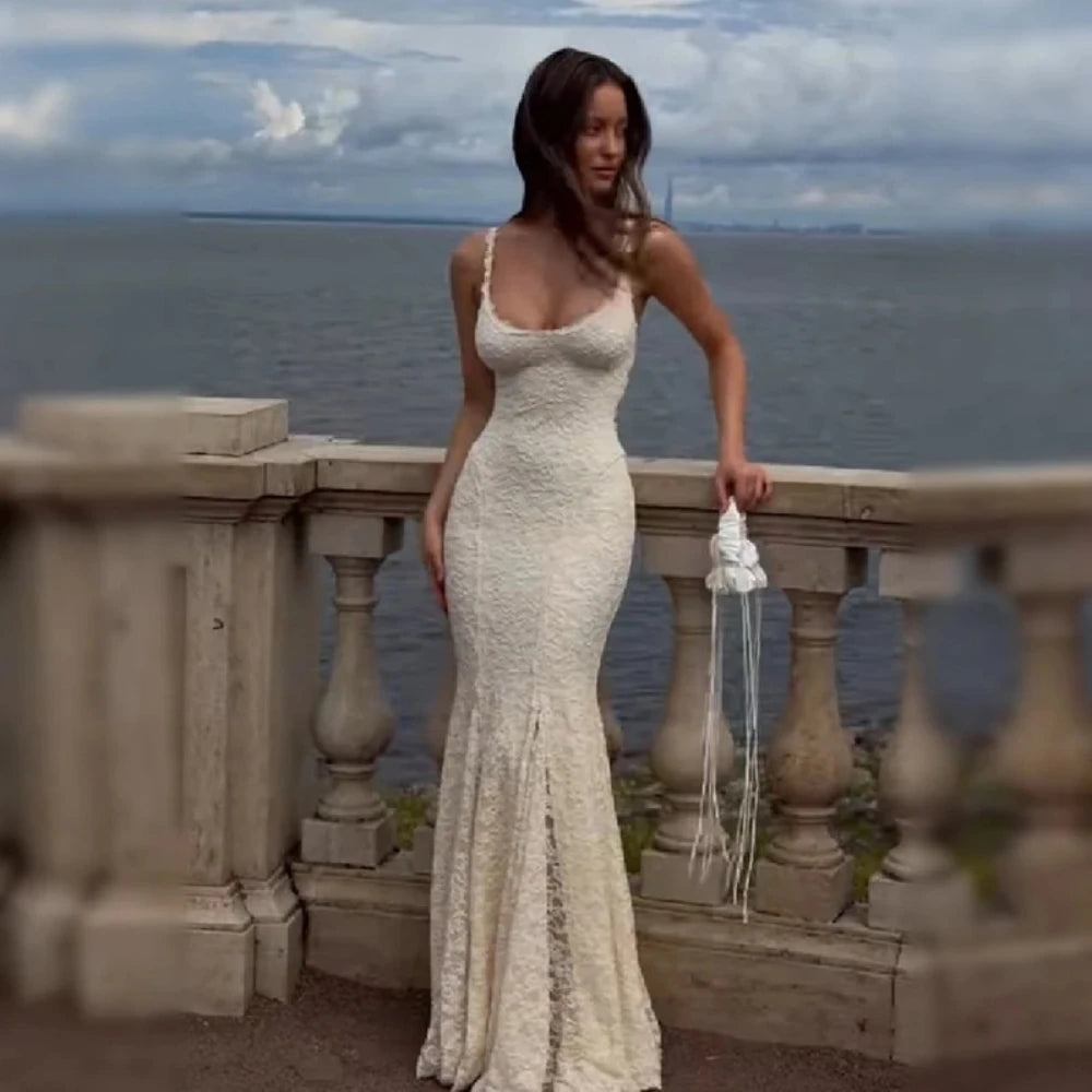 Suninheart Elegant Lace Mermaid Maxi Dress Spaghetti Strap Backless Evening Gown with  for Wedding Party Beach Vacation