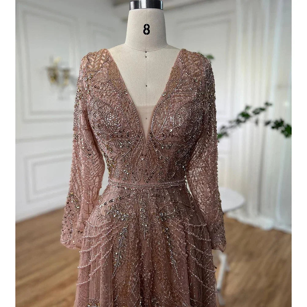 Serene Hill Ccustomized Rose Gold Long Sleeves A-Line Beaded Evening Party Gowns Mother of the Bride Dress DLA70287L