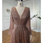 Serene Hill Ccustomized Rose Gold Long Sleeves A-Line Beaded Evening Party Gowns Mother of the Bride Dress DLA70287L
