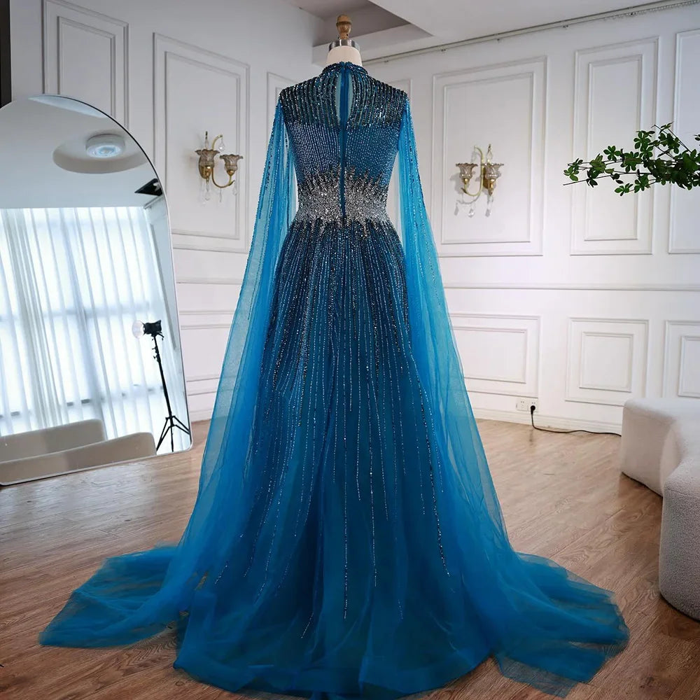 Elegant Modest Blue Beaded Evening Dress with Cape Sleeves Dubai Gown Serene Hill 2025 Customized DLA73059