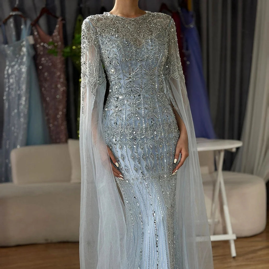 Serene Hill Caramel Mermaid Beaded Evening Dresses with Cape Sleeve Elegant Party Gowns for Women DLA72775 Customized