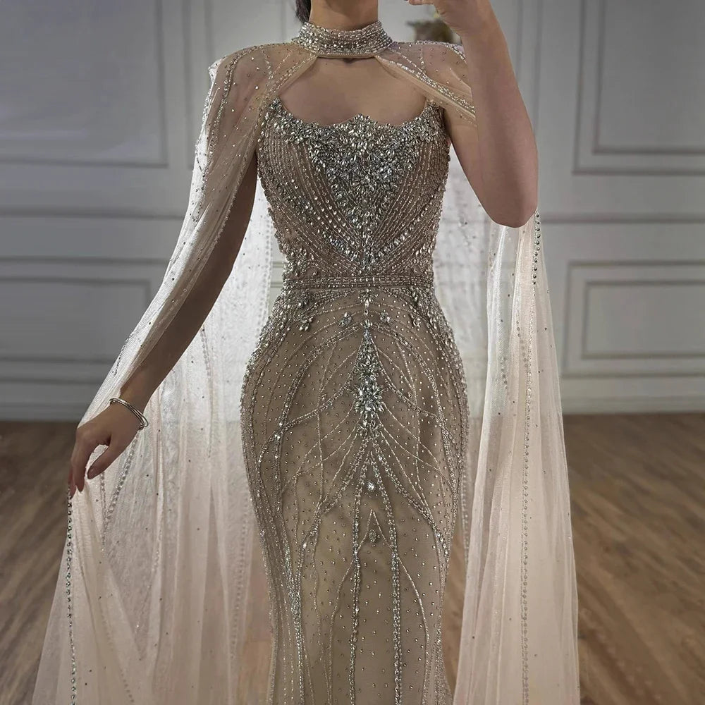 Serene Hill 2025 Pink Strapless Mermaid Beaded Evening Dress with Cape Wedding Party Gowns for Women DLA73195 Customized