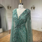 Serene Hill V-neck Turquoise Beaded Mermaid Evening Dress with Cape Plus Size Party Gowns for Women DLA72168A Customized