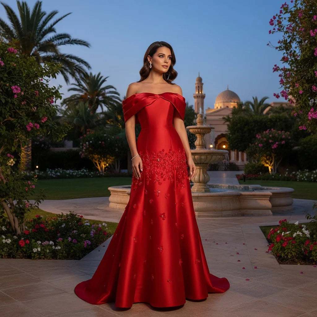 Serene Hill Customized Elegant Red Off-Shoulder Evening Gowns with Floral Satin Arabic Party Prom Dress for Women DLA72483