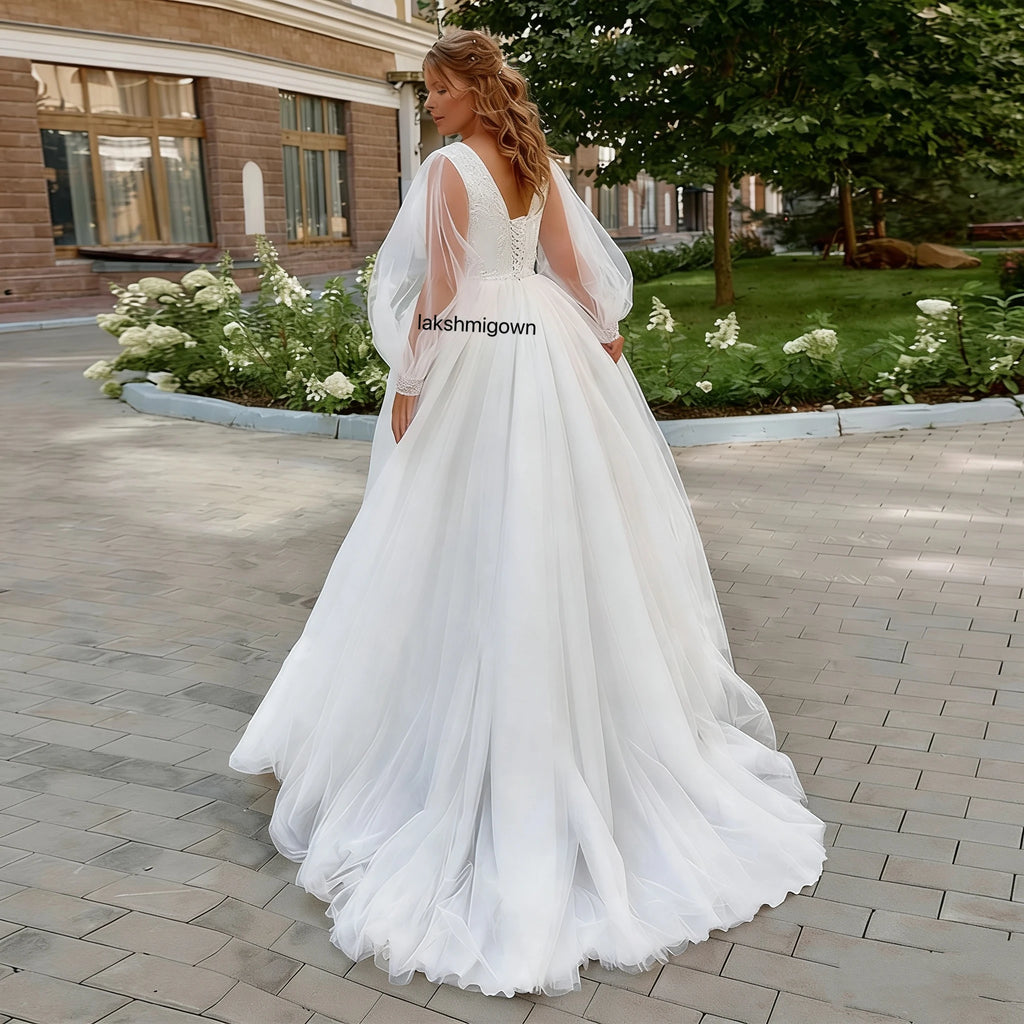 Lakshmigown Plus Size Long Wedding Dress Puff Sleeves V Neck Sweep Train A Line Tulle Robe De Mariage Bridal Dress Customized