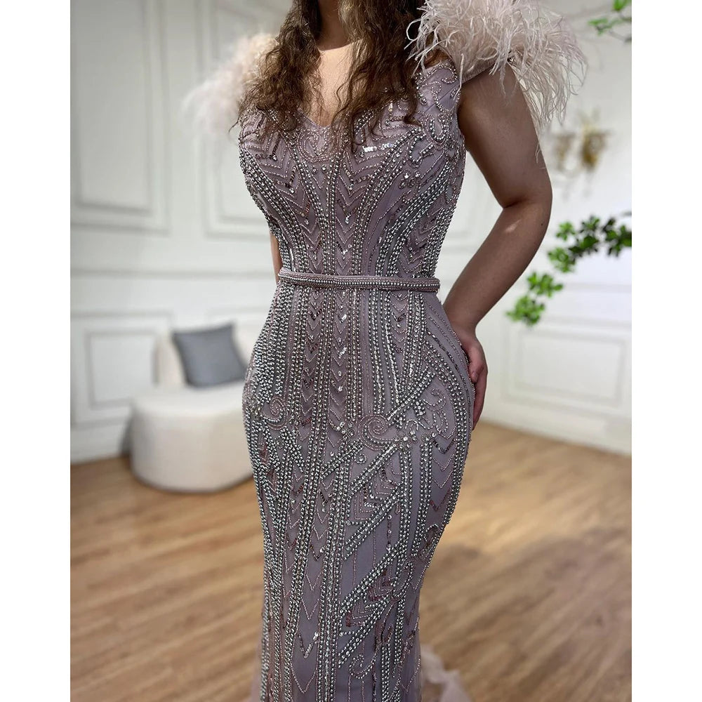 Serene Hill Customized Lilac Feathers Beaded Mermaid Evening Dresses 2025 Elegant Party Gowns for Women DLA70830