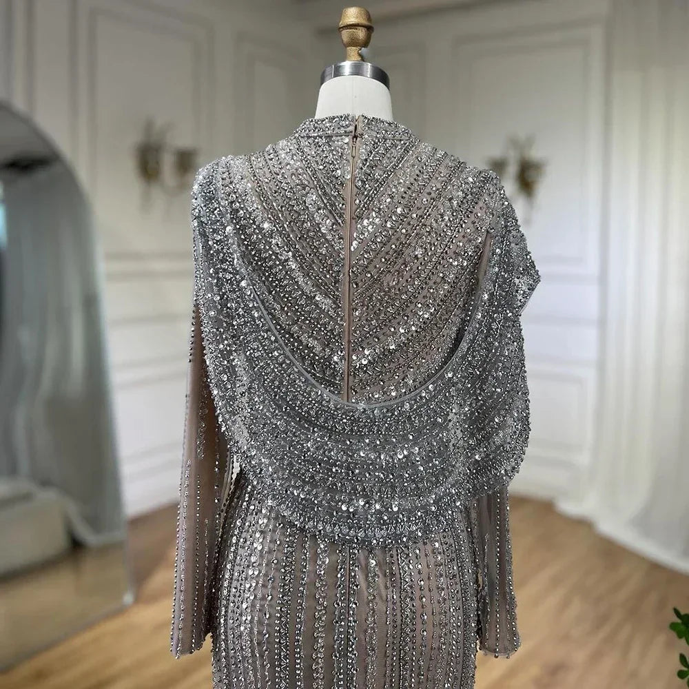 Serene Hill 2025 Muslim-inspired Silver Nude Beaded Sparkle Elegant Mermaid Evening Dresses Gowns for Party DLA70752H Customized