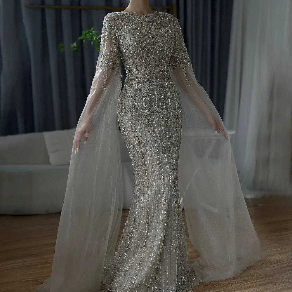 Serene Hill Caramel Mermaid Beaded Evening Dresses with Cape Sleeve Elegant Party Gowns for Women DLA72775 Customized