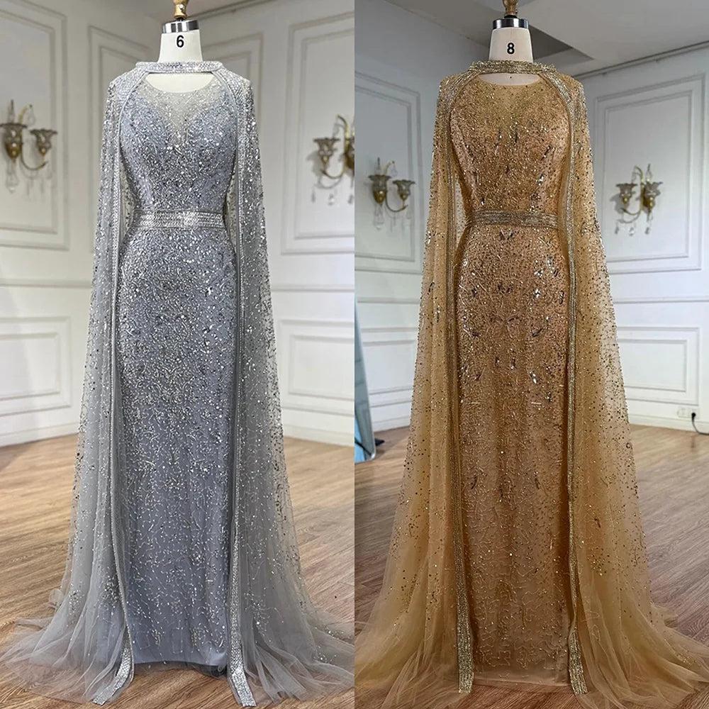 Serene Hill  Customized 2026 Gray Arabic Mermaid Beaded Evening Dresses With Detachable Long Cape For Formal Occasion DLA72180